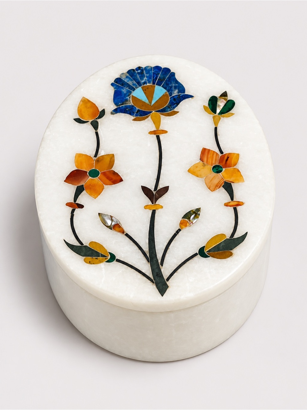 Vintage Indian Parchin Kari Marble Inlay Floral Trinket Box